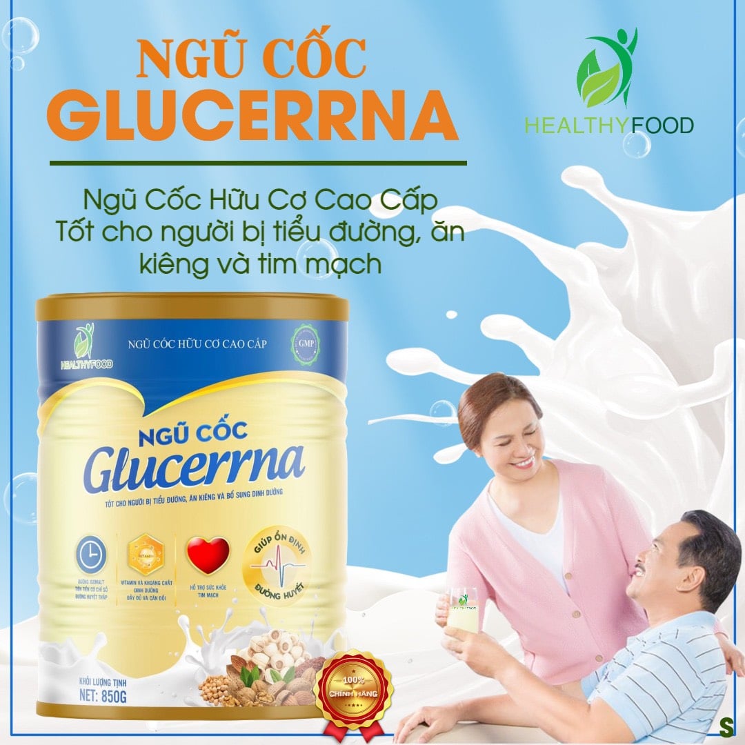 Đối với người đang trong quá trình ăn kiêng tiểu đường, giảm cân, ăn thực dưỡng… cần cung cấp dinh dưỡng nhưng phải đảm bảo ít Calo. Việc sử dụng Sữa ngũ cốc ăn kiêng Glucerrna là một giải pháp lành mạnh, hiệu quả cao.  Glucerrna - Sữa Ngũ Cốc Ăn kiêng giàu dinh dưỡng  Sữa Ngũ Cốc Glucerrna rất giàu dinh dưỡng bởi được kết hợp từ 16 thành phần chính từ Hạt, Đậu và Ngũ Cốc Nguyên Cám.  Các loại thành phần nổi bật gồm có Hạt Macca, Hạt Óc Chó, Hạt Hạnh Nhân, Hạt Điều, Hạt ý Dĩ, Gạo Huyết Rồng, Hạt Sen …  Tuỳ theo mỗi loại mà hàm lượng dinh dưỡng có khác nhau, nhưng khi kết hợp lại, Sữa Ngũ Cốc Glucerrna có nhiều tác dụng tốt cho cơ thể  Hàm lượng axit amin, protein dồi dào giúp xây dựng tế bào Vitamin B6, B12 hỗ trợ tăng cường trí nhớ, tinh thần minh mẫn Canxi với sự hỗ trợ của Vitamin D giúp ngăn ngừa loãng xương Các vitamin A, E, và các khoáng chất khác như sắt, Photpho,  giúp hệ miễn dịch hoạt động tốt, sáng mắt, bổ máu Glucerrna - Sữa Ngũ Cốc có năng lượng thấp Nhờ sự kết hợp giữa Hạt, Đậu, Ngũ Cốc Nguyên Cám, Sữa Ngũ Cốc Glucerrna mang lại nguồn chất xơ dồi dào cho cơ thể Mặc dù hàm lượng chất béo trong các loại hạt cao nhưng là chất béo không bão hoà, ít calo, lại giàu Omega 3 và Omega 6 có lợi cho hệ Tim mạch Các chất đi khi đi vào cơ thể sẽ được hấp thu tối đa với thời gian được kéo dài, giúp giảm cảm giác đói, cung cấp năng lượng lâu hơn. Sữa ngũ cốc ăn kiêng Glucerrna đặc biệt phù hợp với người tiểu đường  Người bị tiểu đường được các chuyên gia khuyên dùng Sữa ngũ cốc Glucerrna trong thực đơn hằng ngày  Sữa Glucerrna giúp hỗ trợ hạ và ổn đinh đường huyết ở mức dưới 7 chấm Dễ dàng kiểm soát lượng đường hấp thụ Giúp giải quyết tình trạng thiếu chất do ăn uống kiêng khem  Ngoài ra, Sữa ngũ cốc ăn kiêng Glucerrna sẽ giúp bệnh nhân tiểu đường tăng sức đề kháng, cải thiện hệ miễn dịch, ăn ngon ngủ ngon, giảm tiểu đêm, giảm tê bì chân tay  Quý khách có thể đặt hàng qua website, fanpage  Trường hợp cần tư vấn chi tiết hơn có thể gọi vào số Hotline 0783 349 349  Healthyfood.net.vn Hân hạnh chào đón quý khách